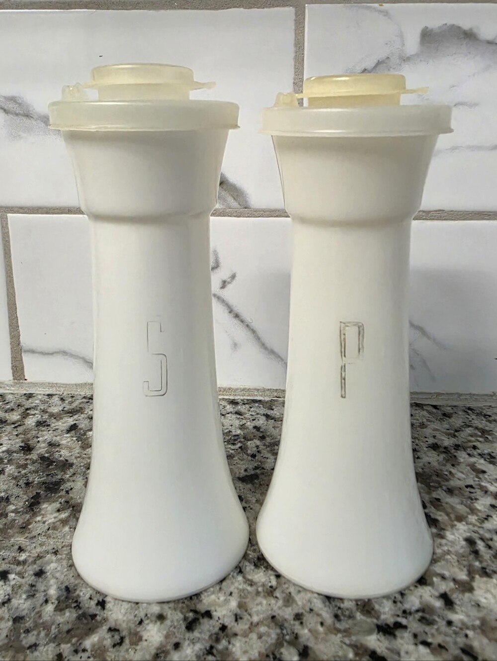 Vintage Tupperware White Hourglass Salt Pepper Shakers